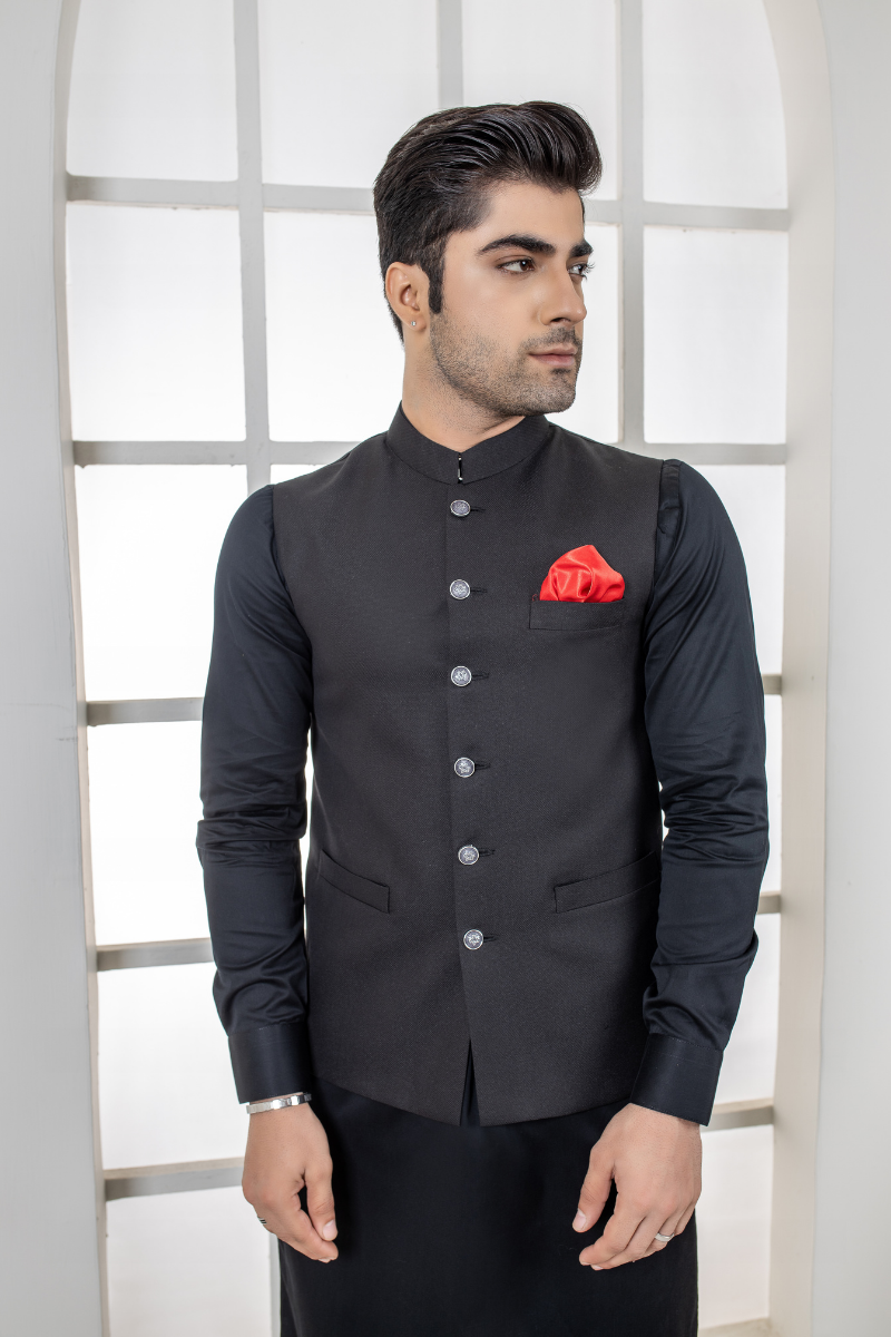 Black Cotton Waistcoat with Mandarin Collar (3-Piece) - Image 2