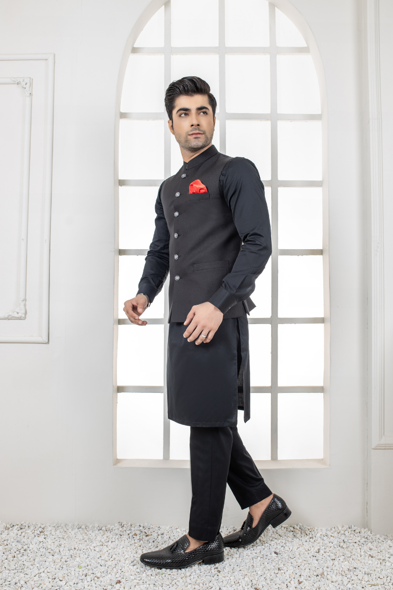 Black Cotton Waistcoat with Mandarin Collar (3-Piece) - Image 3