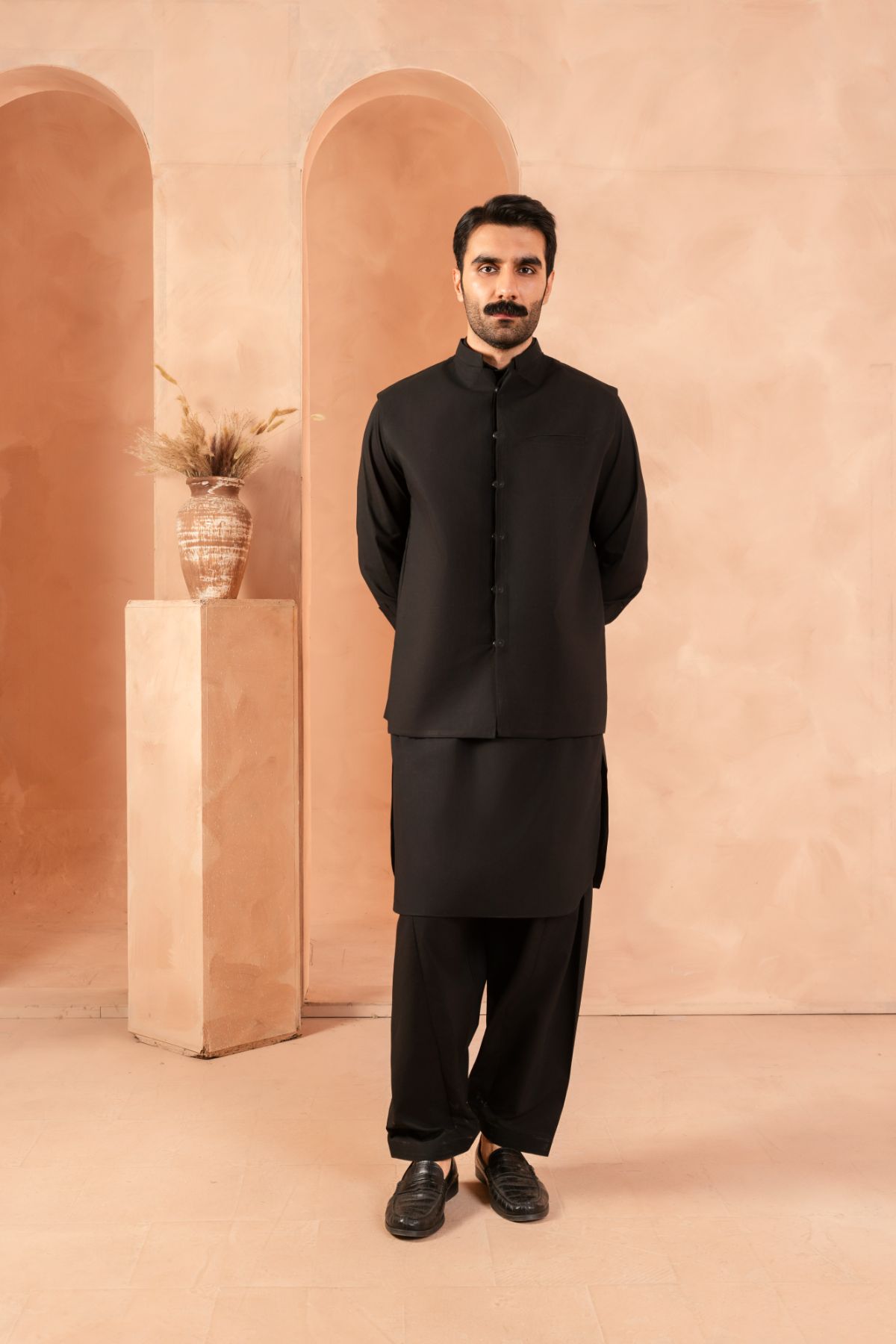 Black Luxury Cotton Waistcoat Kurta Set (3-Piece) - Image 1
