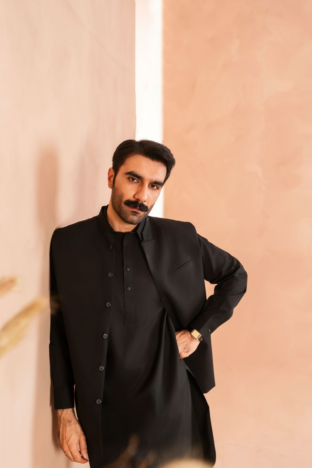 Black Luxury Cotton Waistcoat Kurta Set (3-Piece) - Image 3