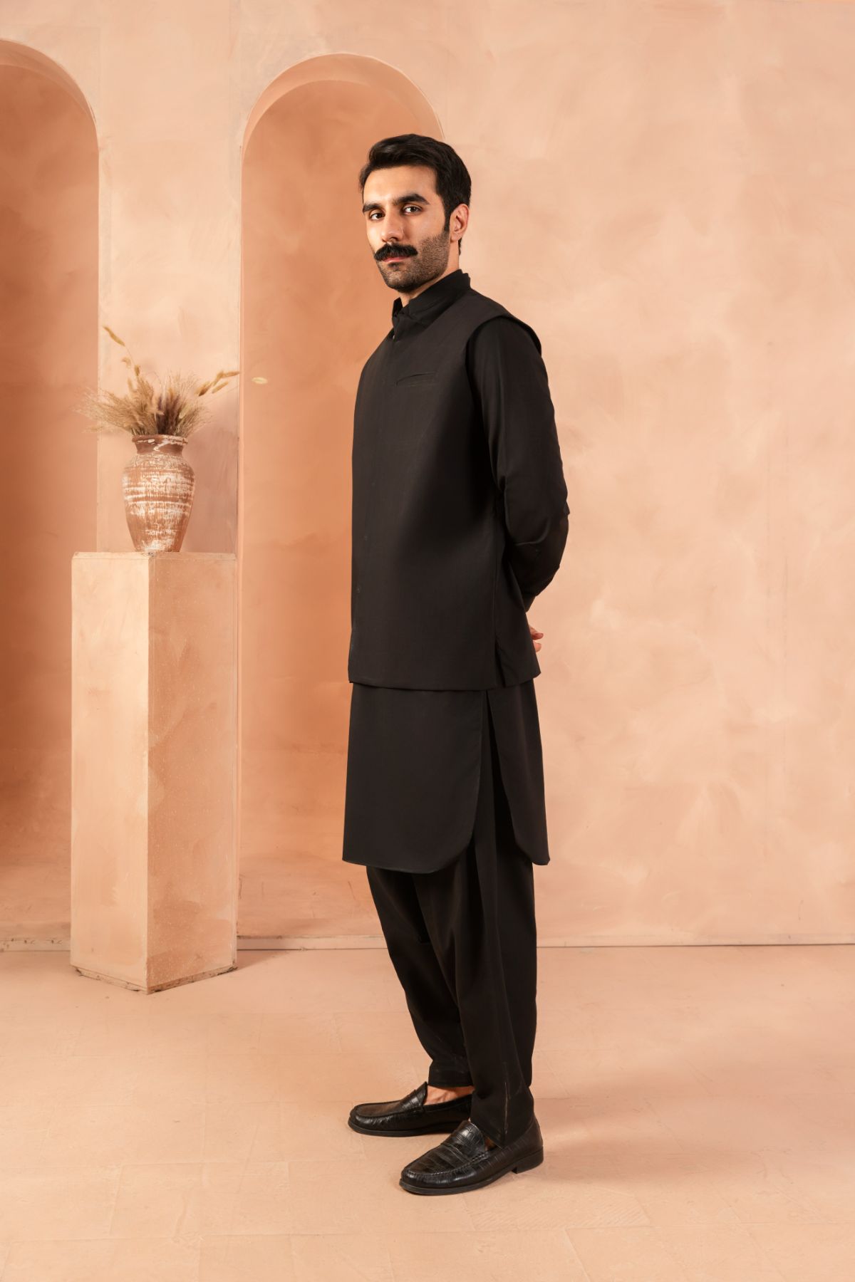 Black Luxury Cotton Waistcoat Kurta Set (3-Piece) - Image 4