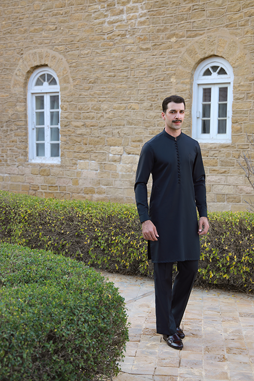 Black Self-Embroidered Egyptian Cotton Satin Waistcoat Kurta (3-Piece) - Image 1