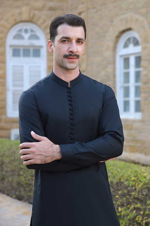 Black Self-Embroidered Egyptian Cotton Satin Waistcoat Kurta (3-Piece) - Image 3
