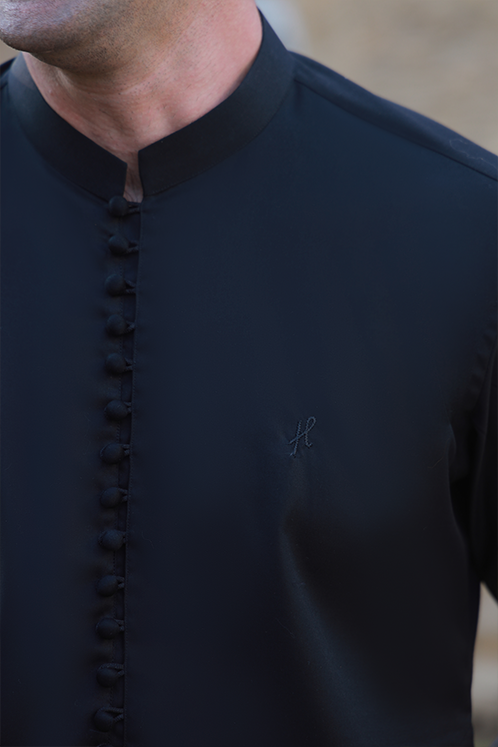 Black Self-Embroidered Egyptian Cotton Satin Waistcoat Kurta (3-Piece) - Image 4