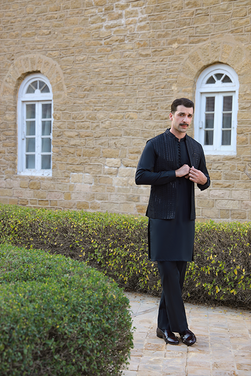 Black Self-Embroidered Egyptian Cotton Satin Waistcoat Kurta (3-Piece) - Image 6