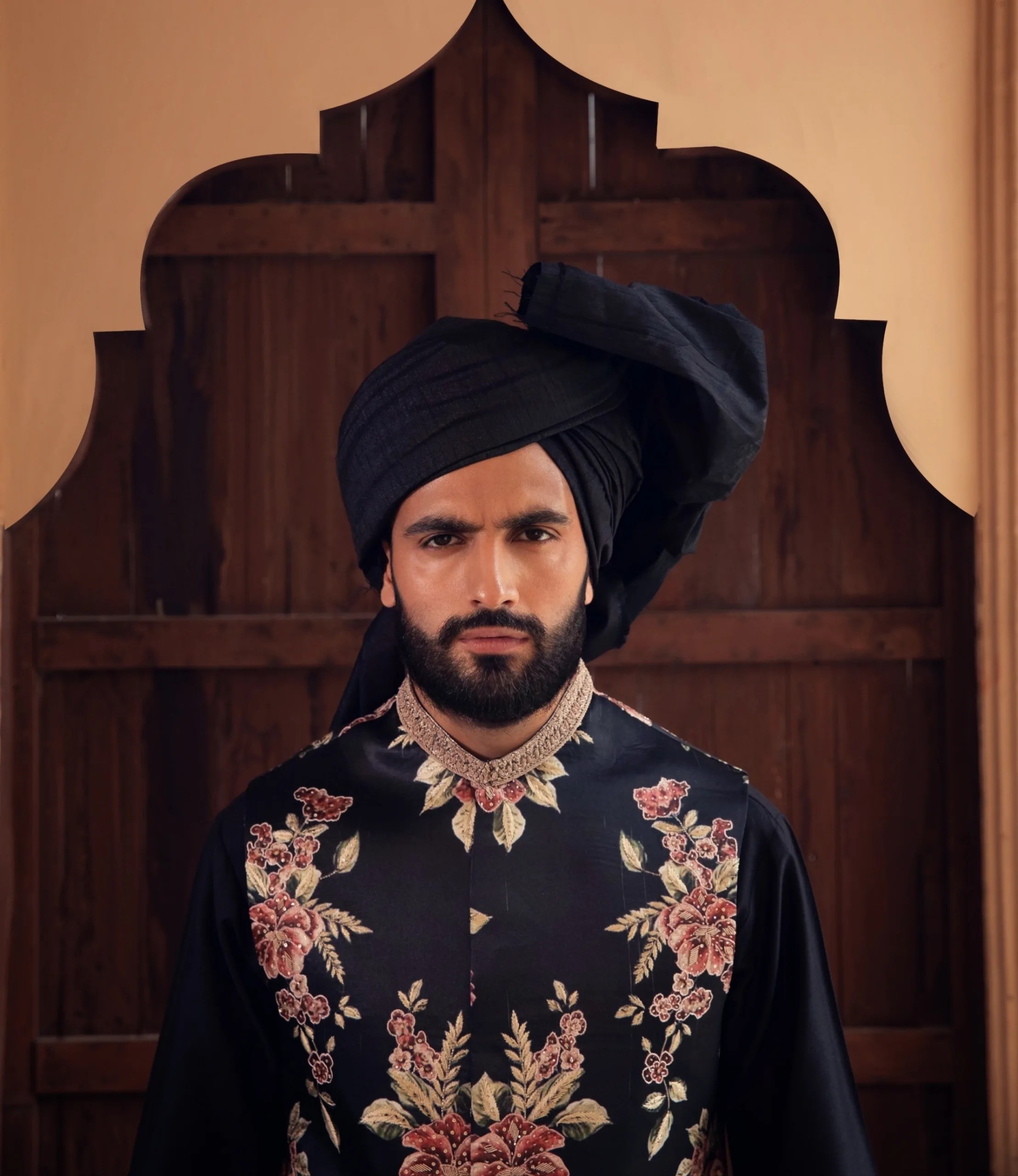 Black Floral Embroidered Waistcoat Kurta Set (3-Piece) - Image 1