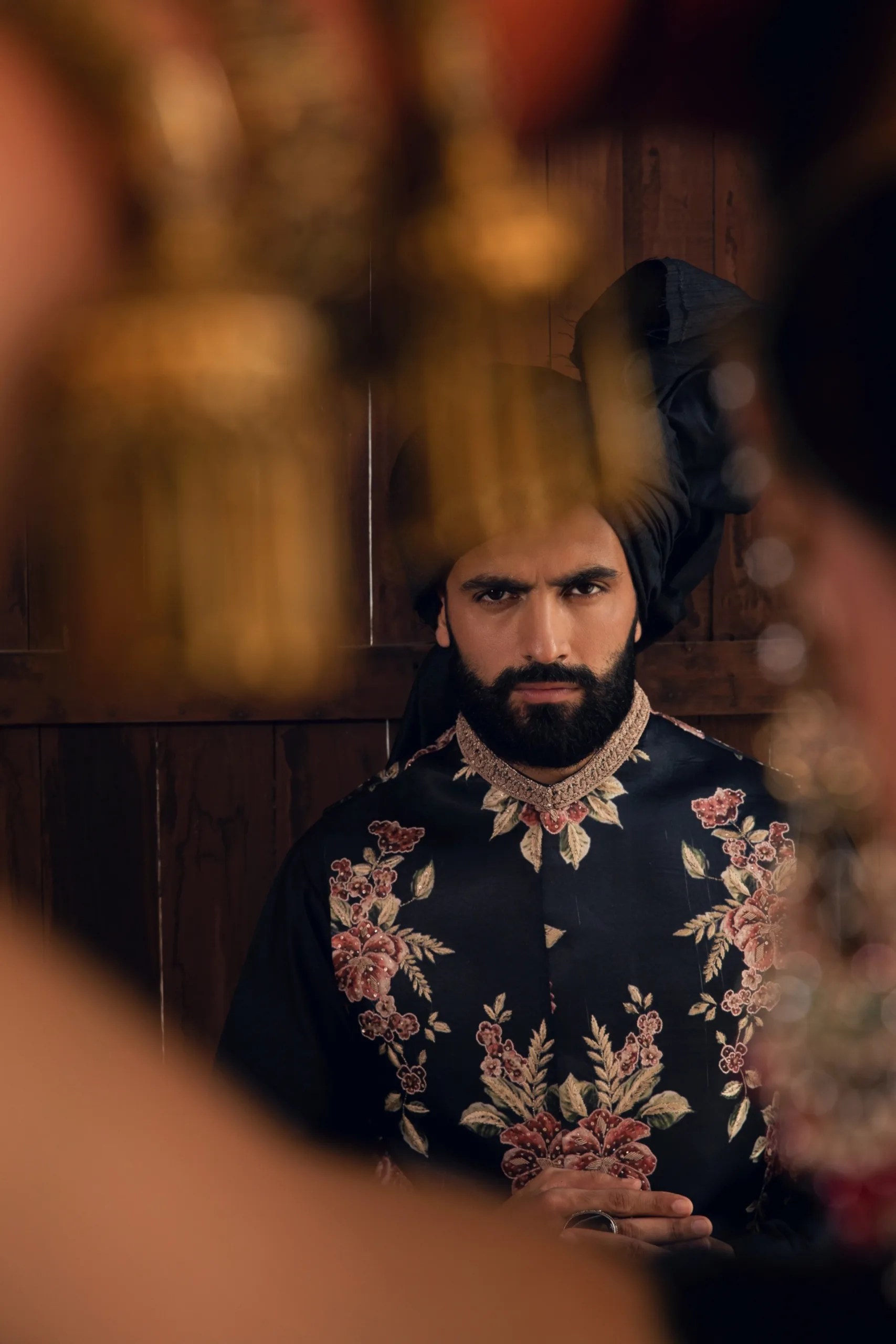 Black Floral Embroidered Waistcoat Kurta Set (3-Piece) - Image 3