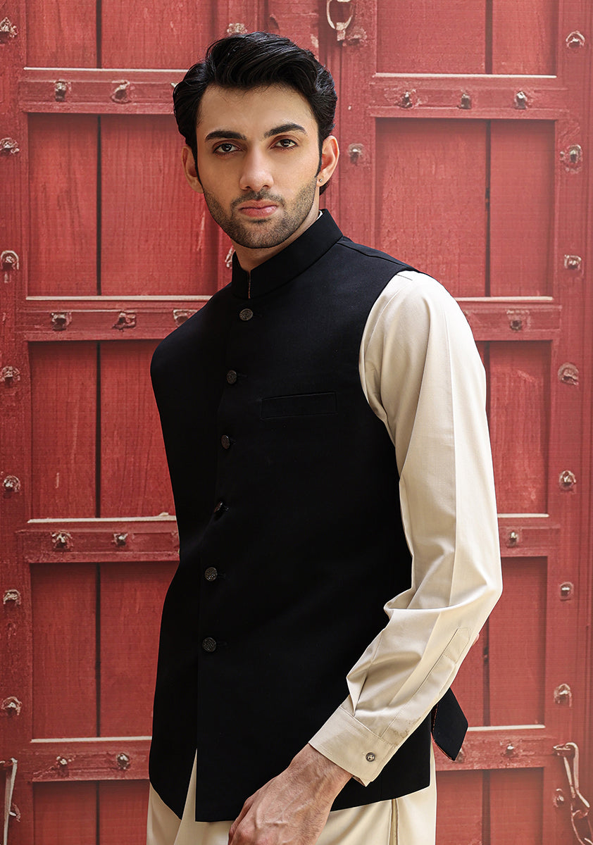 Black Georgette Straight-Cut Waistcoat (3-Piece) - Image 1