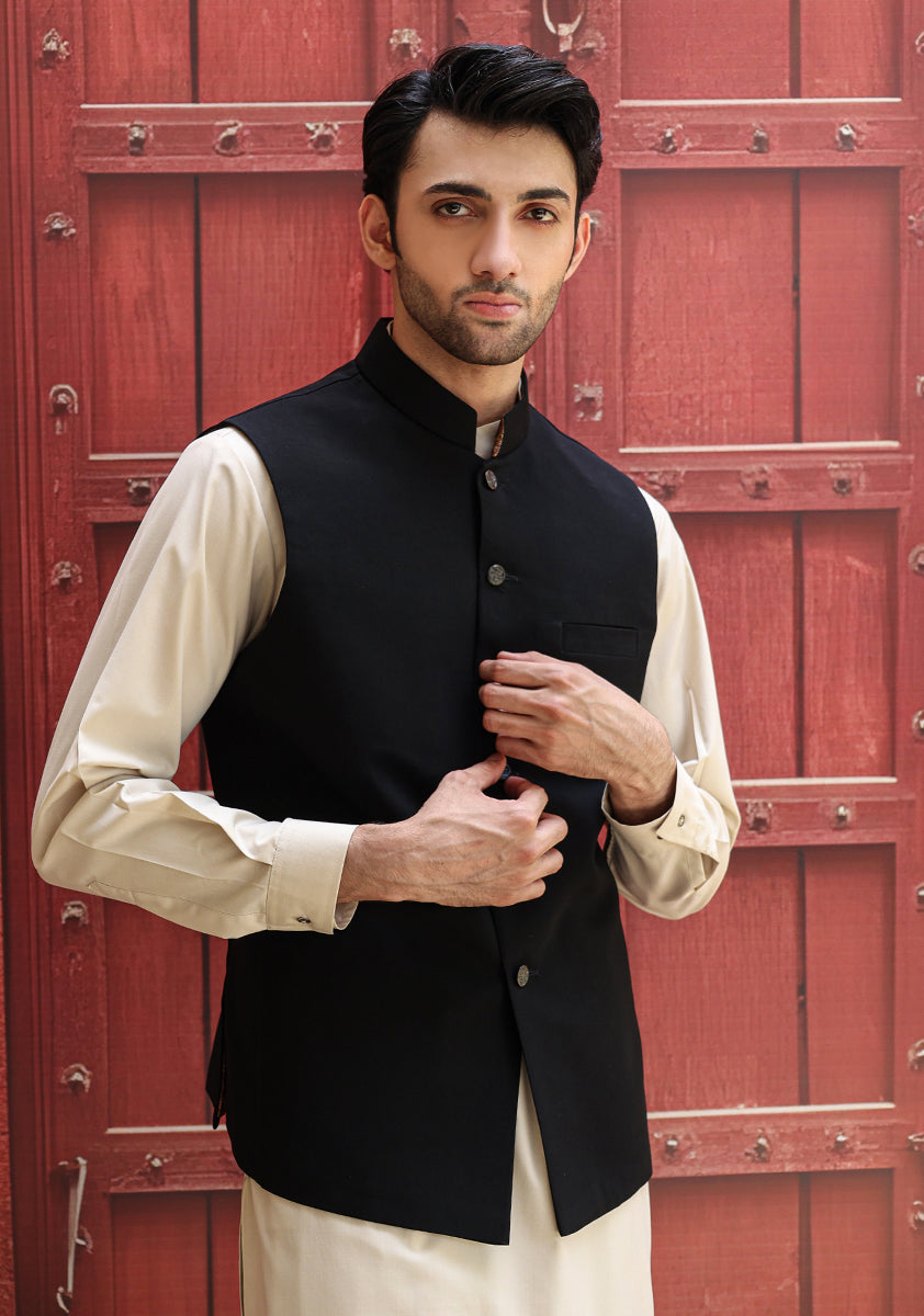 Black Georgette Straight-Cut Waistcoat (3-Piece) - Image 2