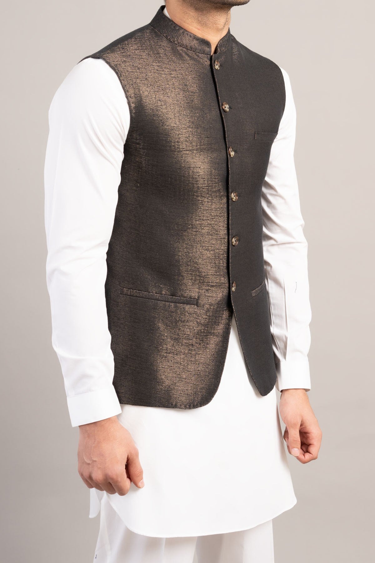 Black Handloomed Waistcoat with Mandarin Collar (3-Piece) - Image 1