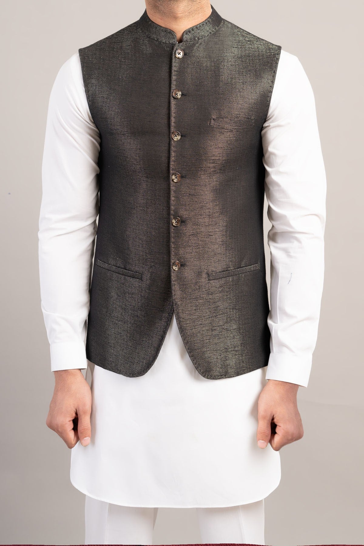 Black Handloomed Waistcoat with Mandarin Collar (3-Piece) - Image 2