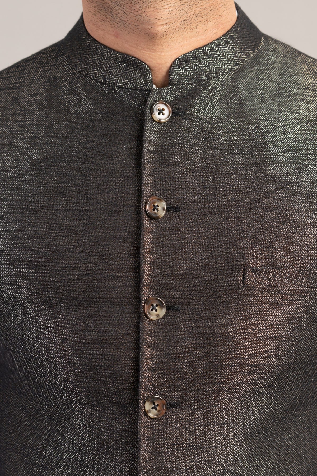 Black Handloomed Waistcoat with Mandarin Collar (3-Piece) - Image 3