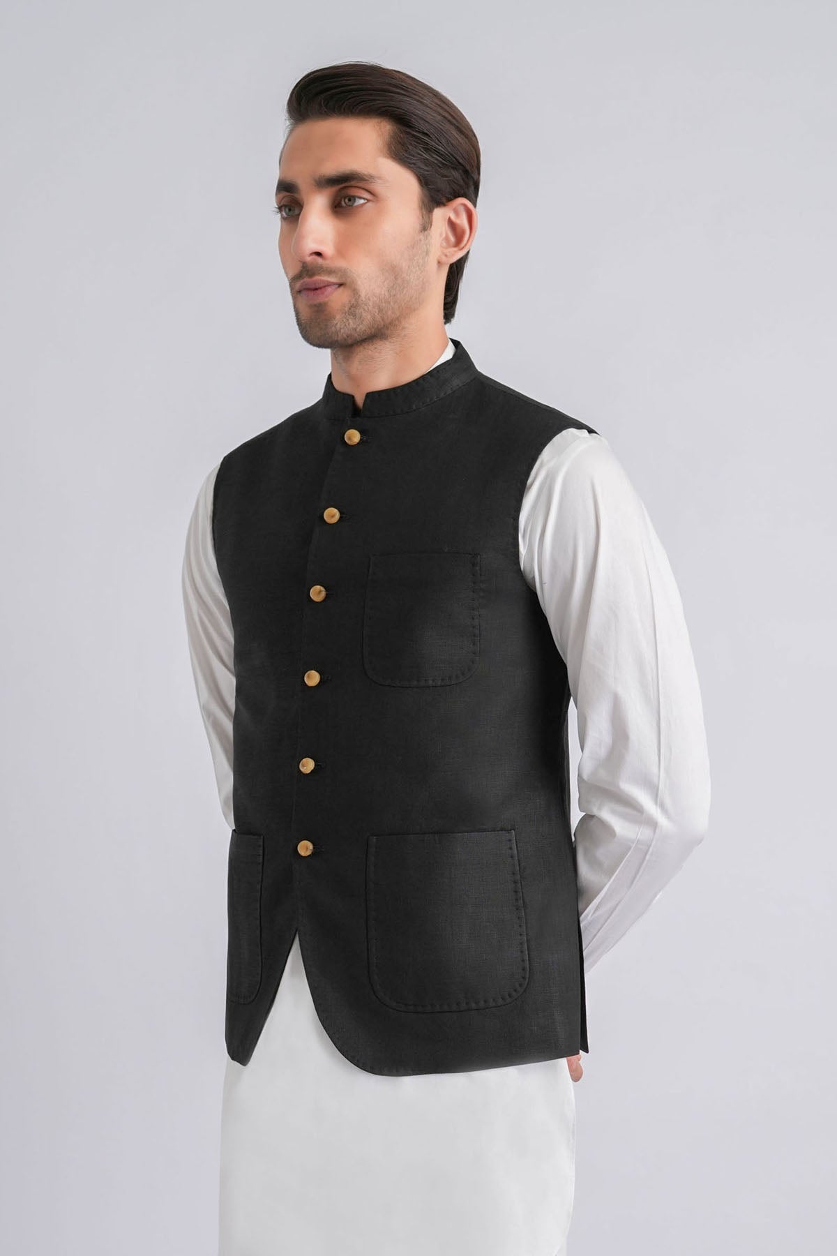 Black Irish Linen Waistcoat with Mandarin Collar (2-Piece) - Image 1