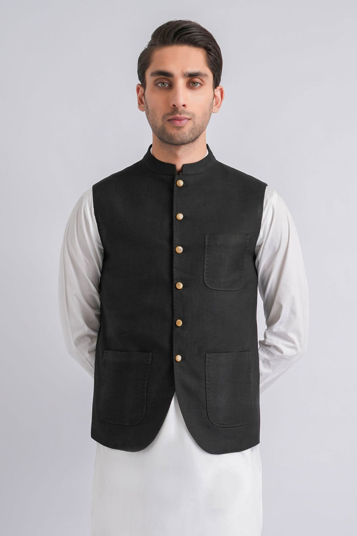 Black Irish Linen Waistcoat with Mandarin Collar (2-Piece) - Image 2