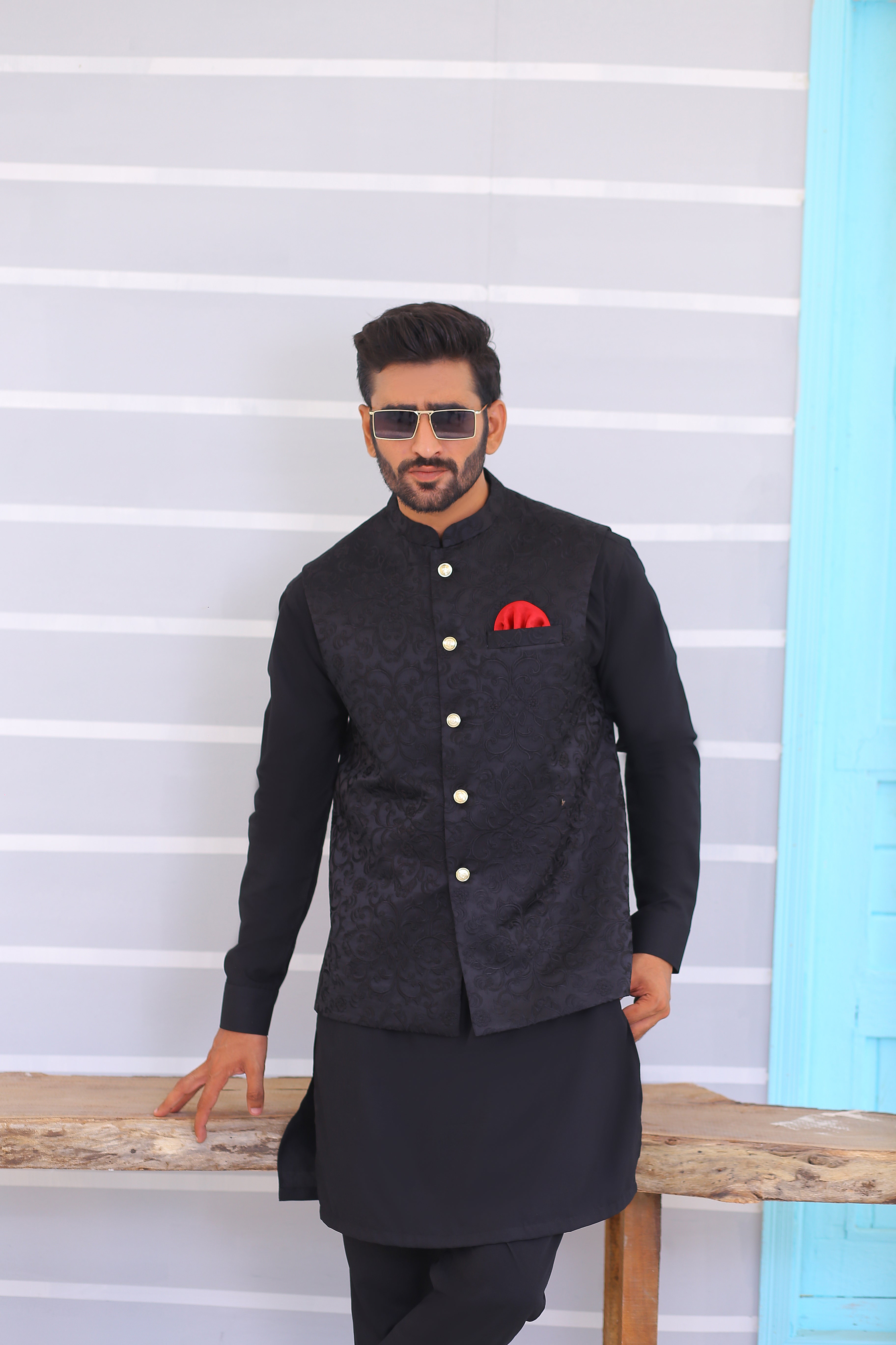 Black Jacquard Embroidered Waistcoat (3-Piece) - Image 1