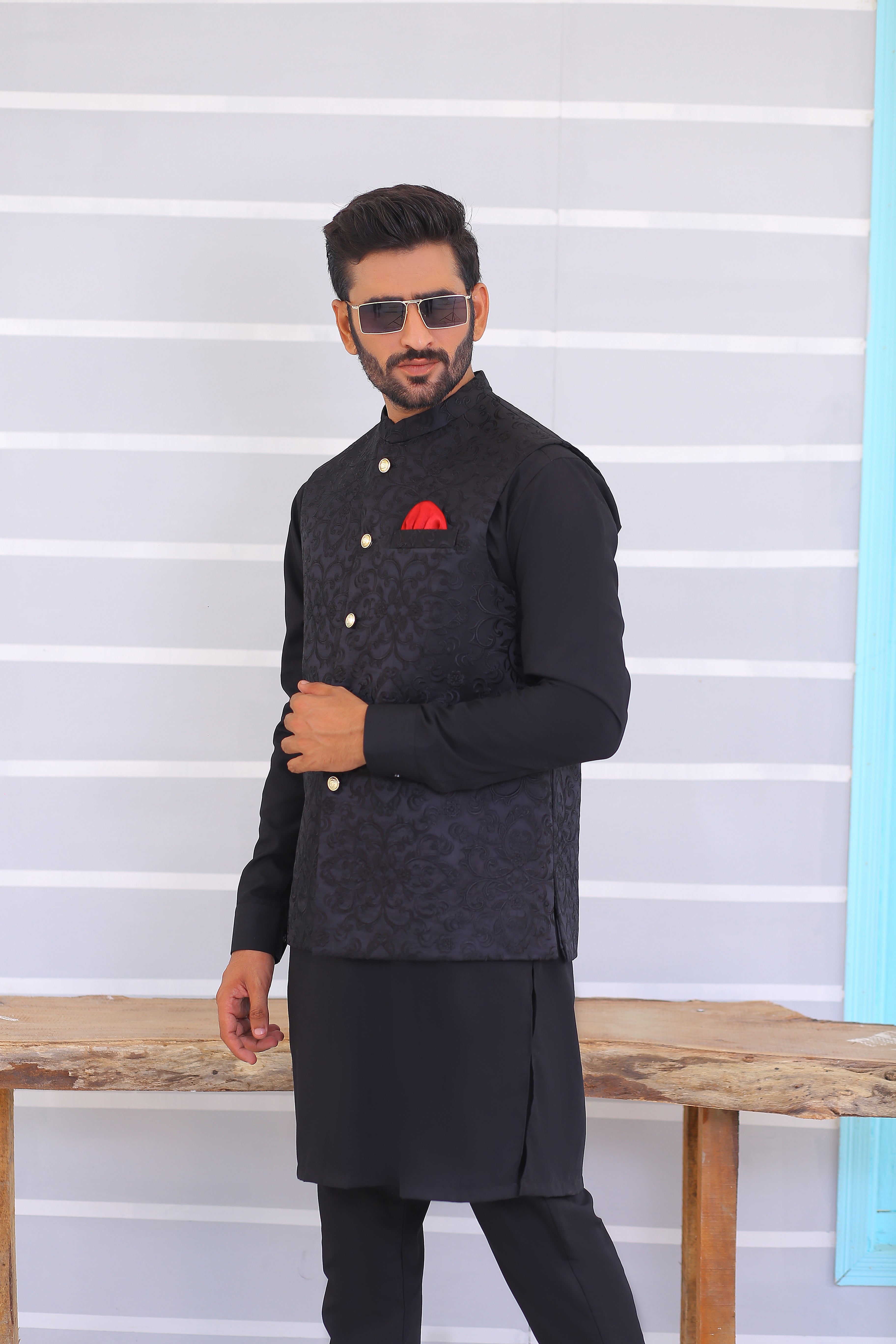 Black Jacquard Embroidered Waistcoat (3-Piece) - Image 2