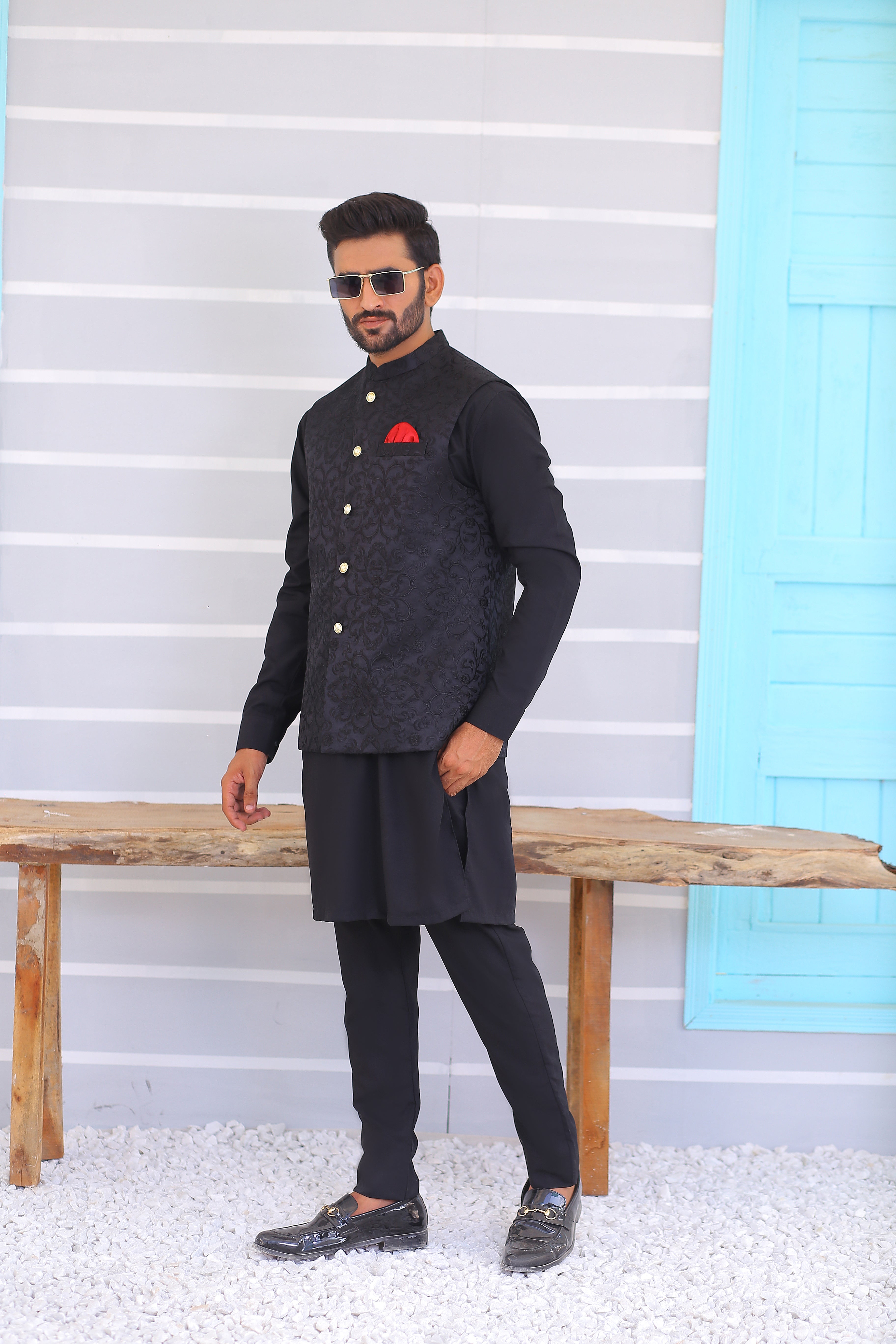 Black Jacquard Embroidered Waistcoat (3-Piece) - Image 3