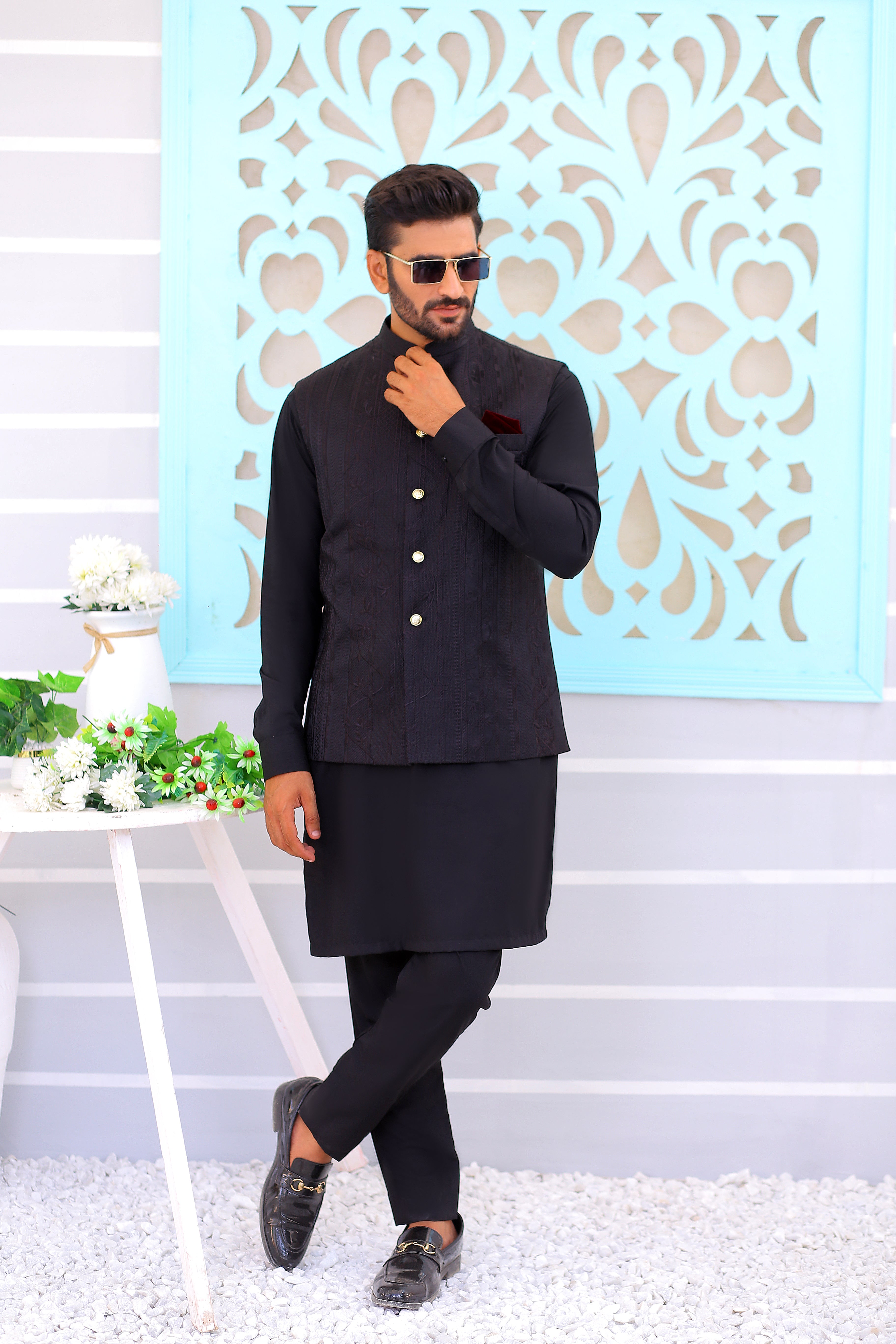 Black Jacquard Waistcoat with Gold Buttons (3-Piece) - Image 1