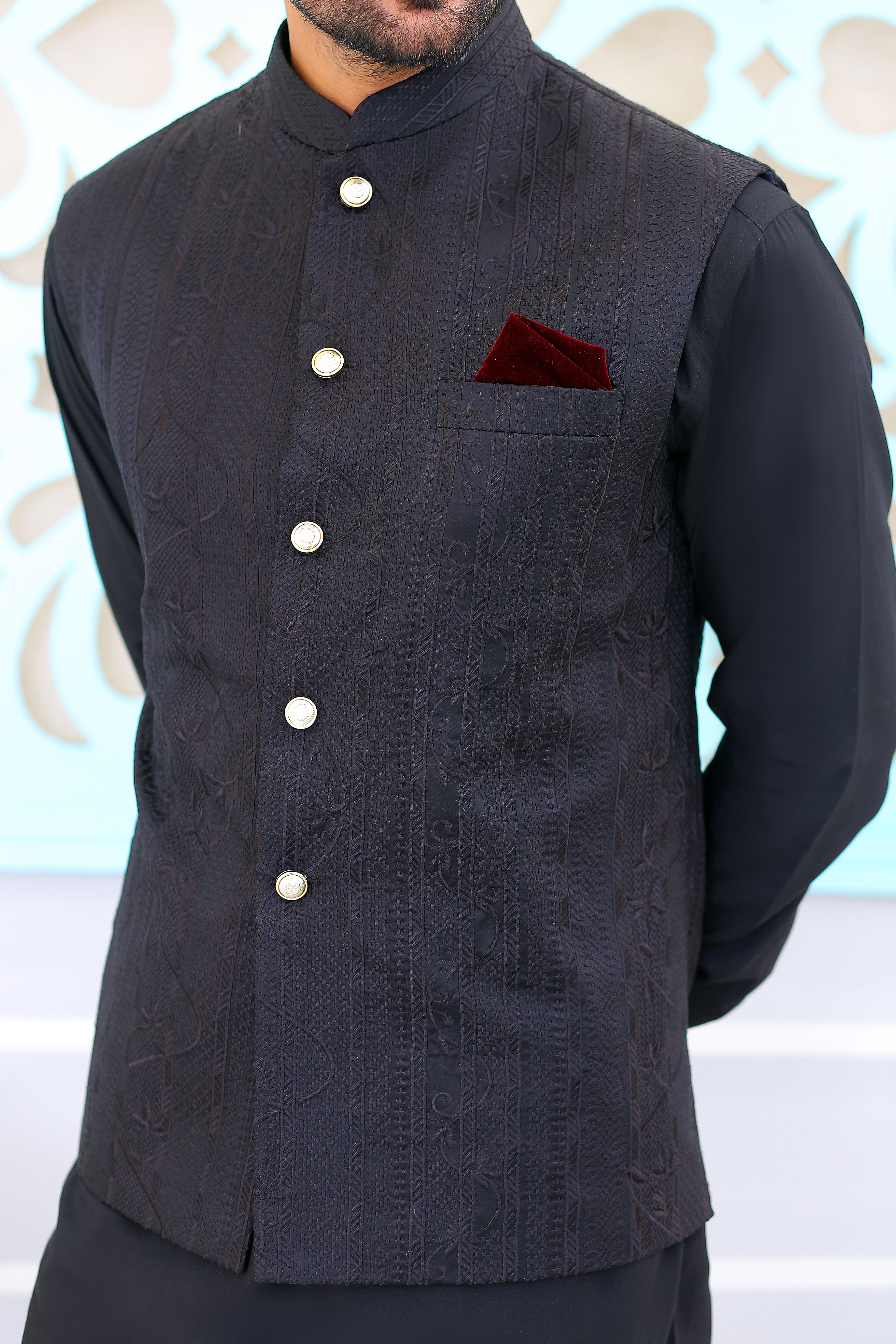 Black Jacquard Waistcoat with Gold Buttons (3-Piece) - Image 2