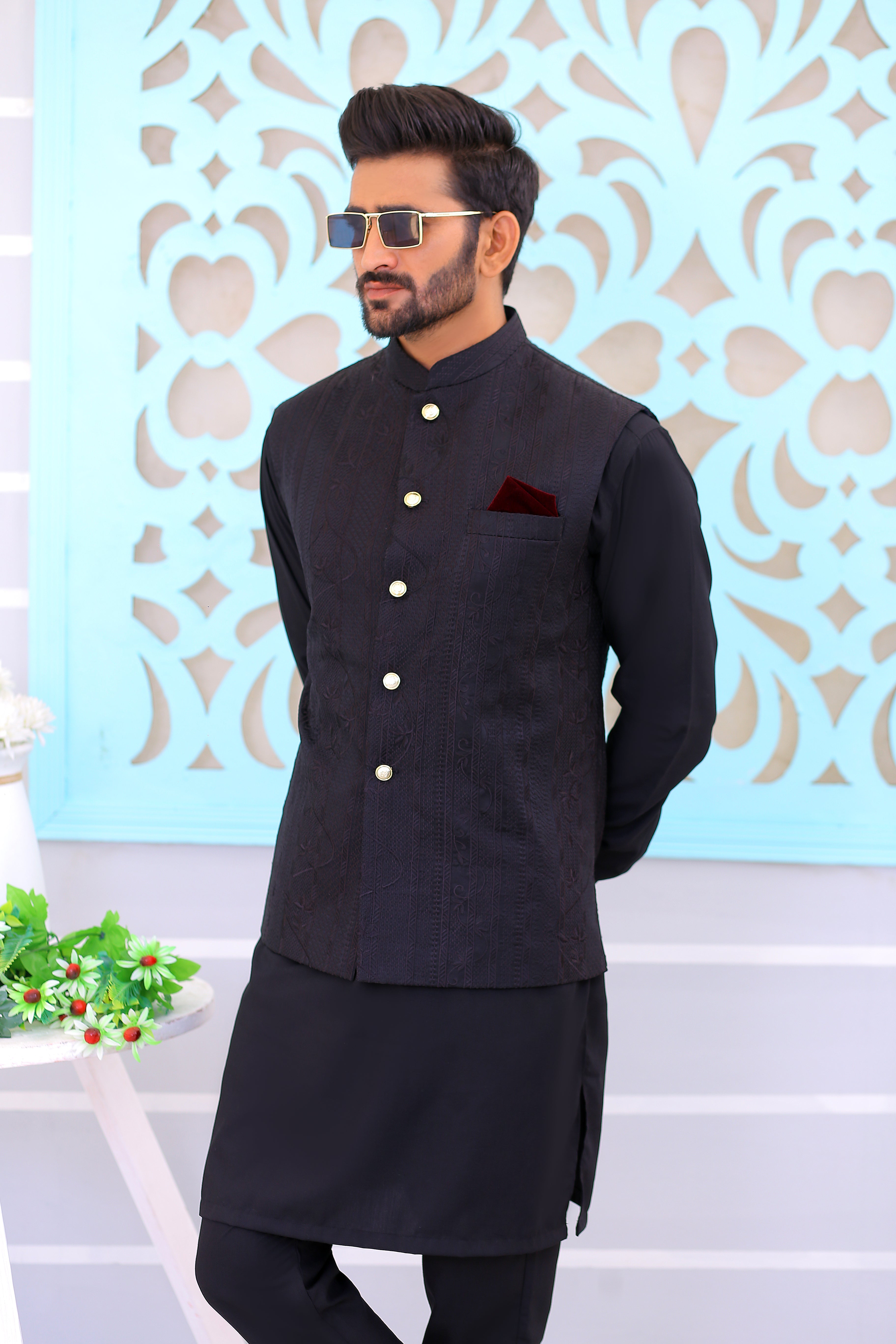 Black Jacquard Waistcoat with Gold Buttons (3-Piece) - Image 3