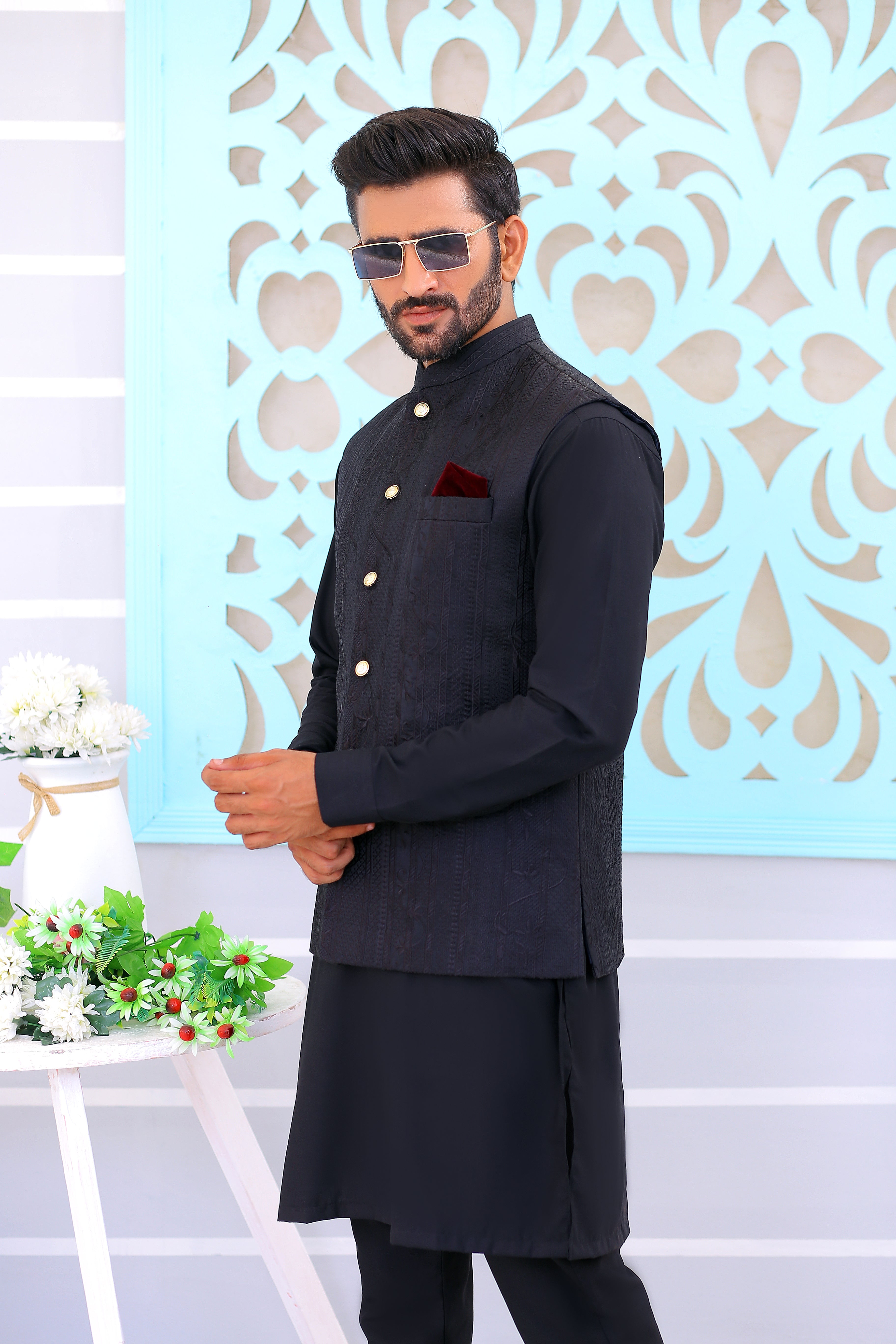 Black Jacquard Waistcoat with Gold Buttons (3-Piece) - Image 4