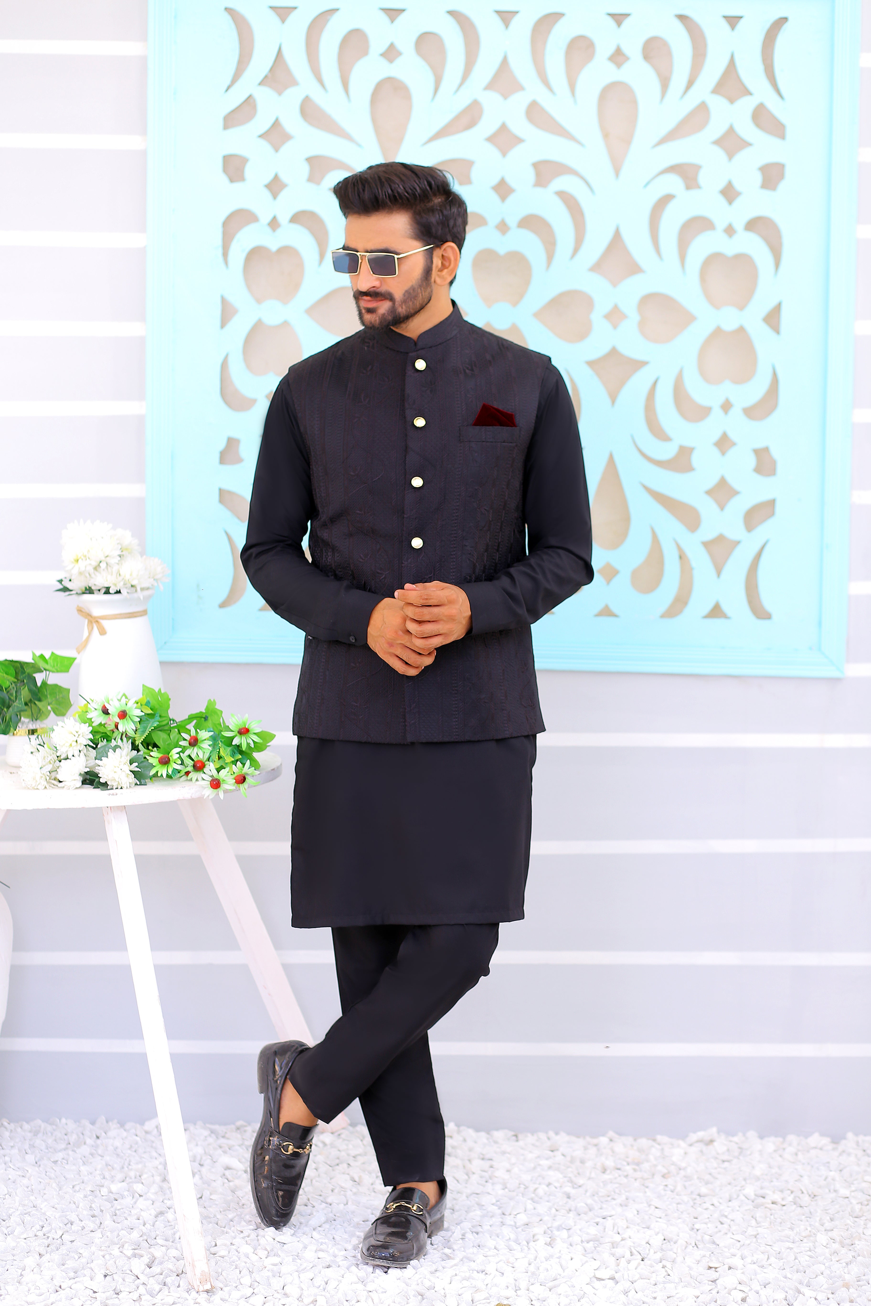 Black Jacquard Waistcoat with Gold Buttons (3-Piece) - Image 5