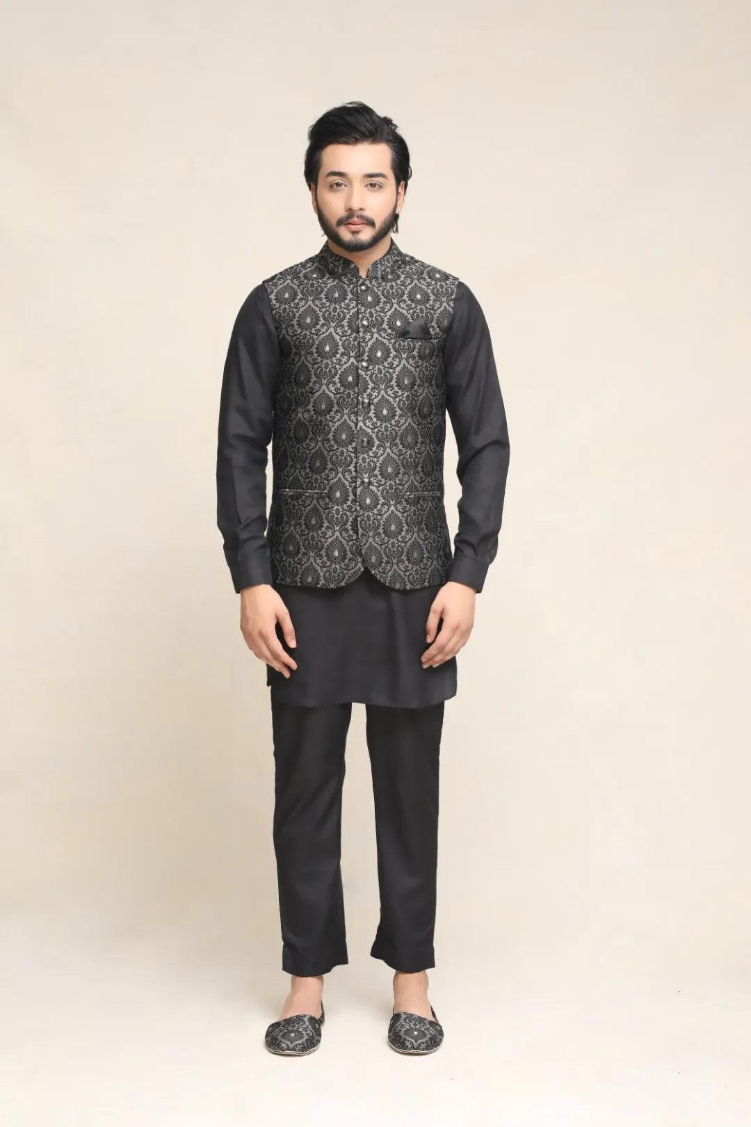 Black Woven Jacquard Waistcoat Kurta Set (3-Piece) - Image 1
