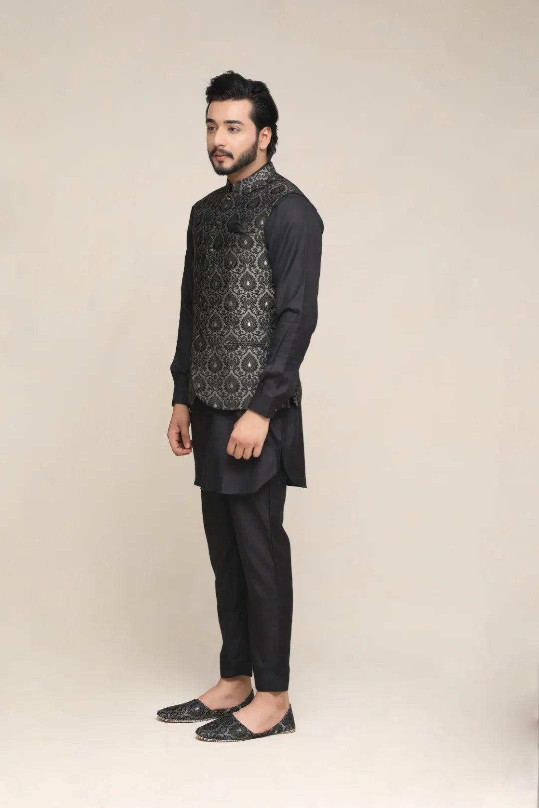 Black Woven Jacquard Waistcoat Kurta Set (3-Piece) - Image 2