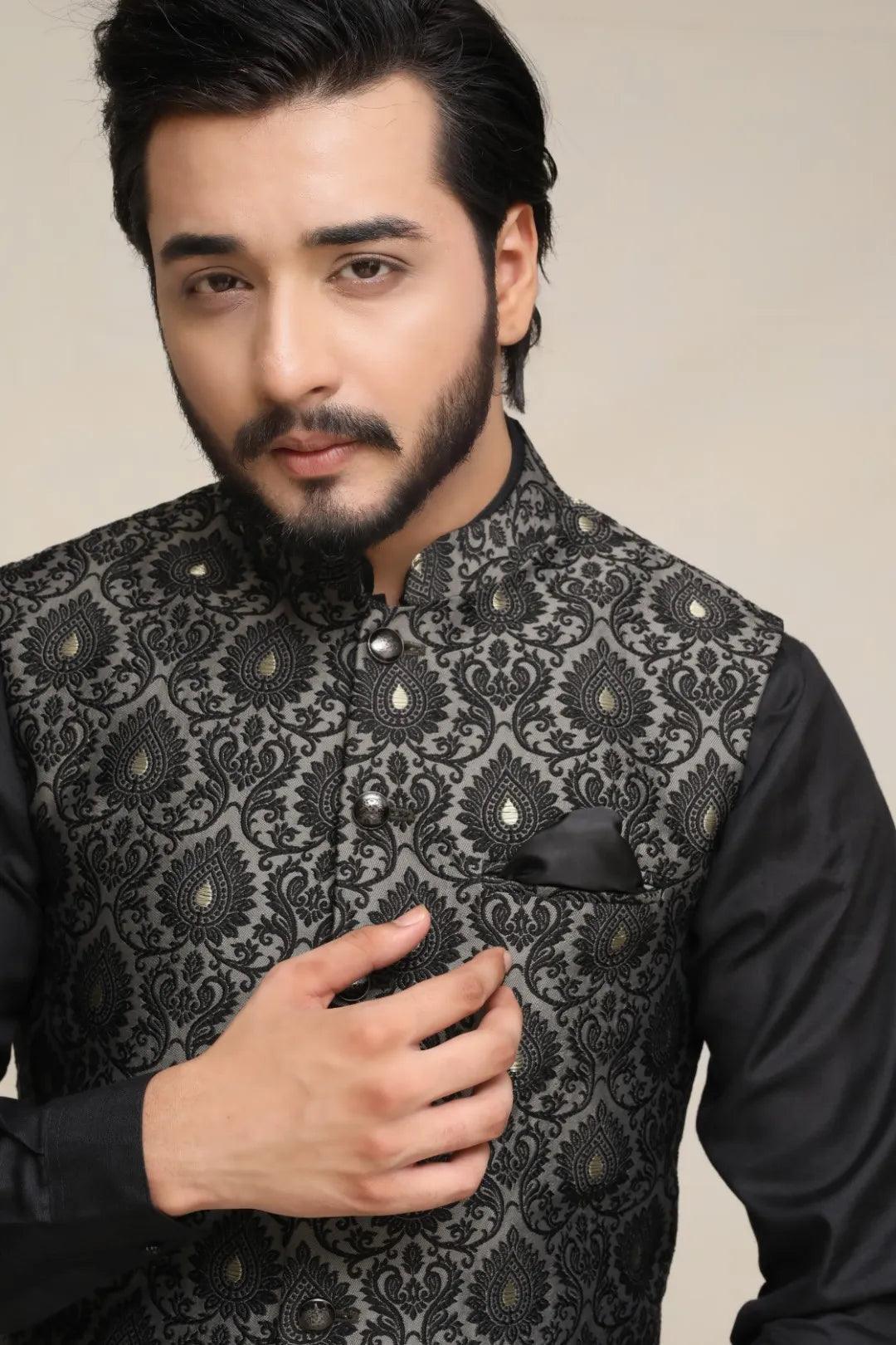 Black Woven Jacquard Waistcoat Kurta Set (3-Piece) - Image 3
