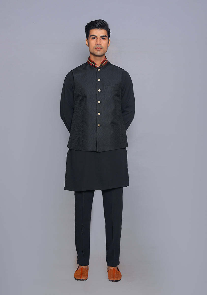 Black Embroidered Jamawar Waistcoat Kurta (3-Piece) - Image 1