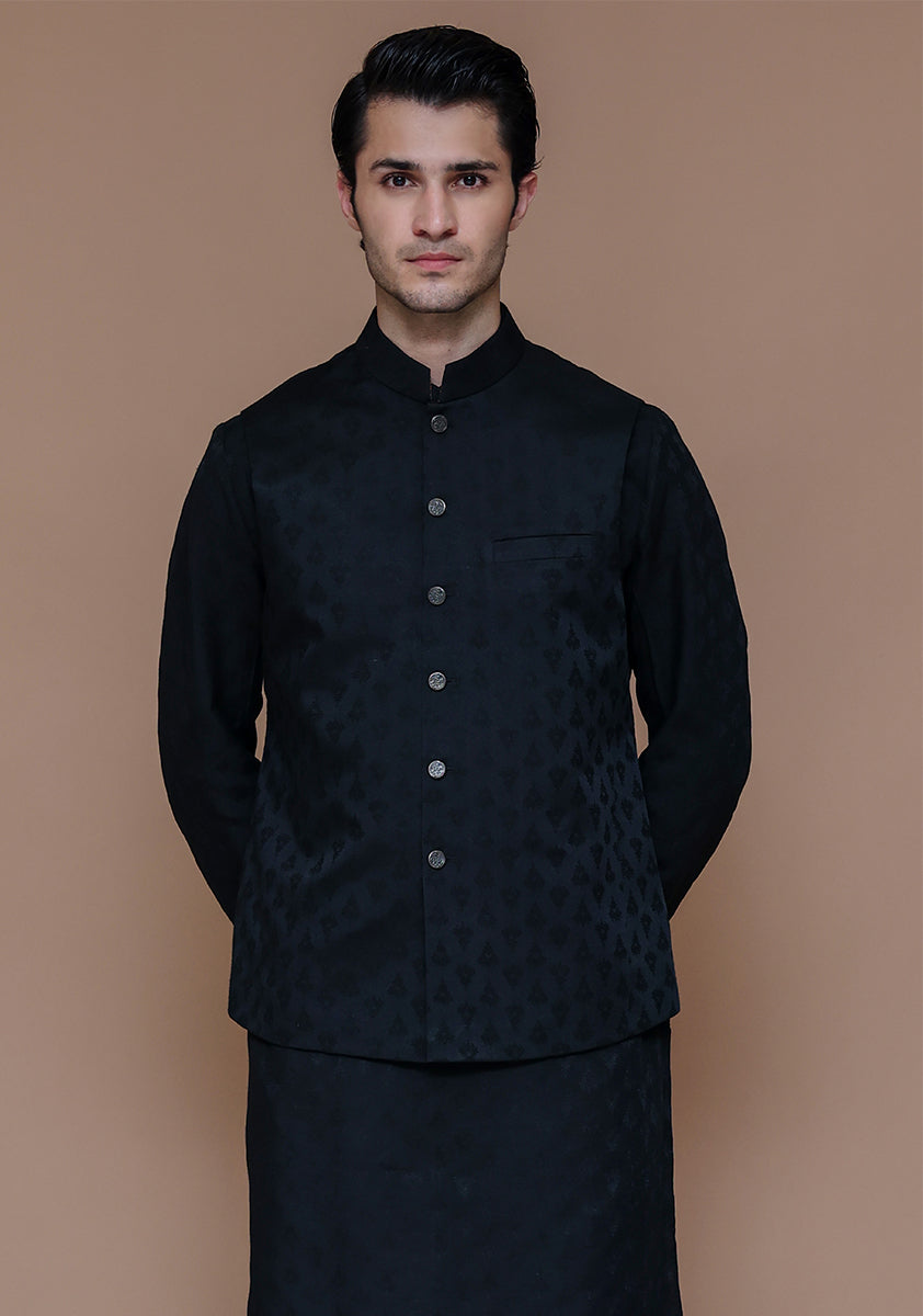 Black Woven Jamawar Waistcoat (3-Piece) - Image 2