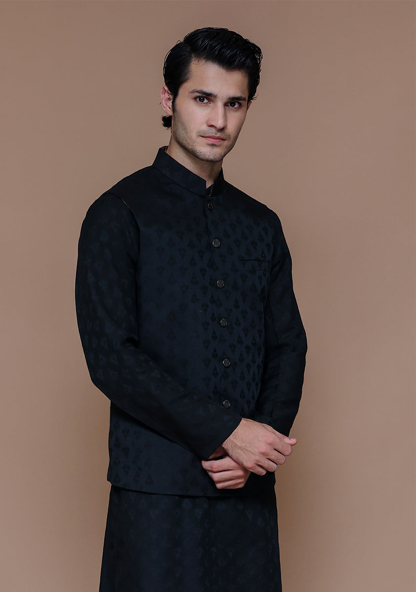Black Woven Jamawar Waistcoat (3-Piece) - Image 3