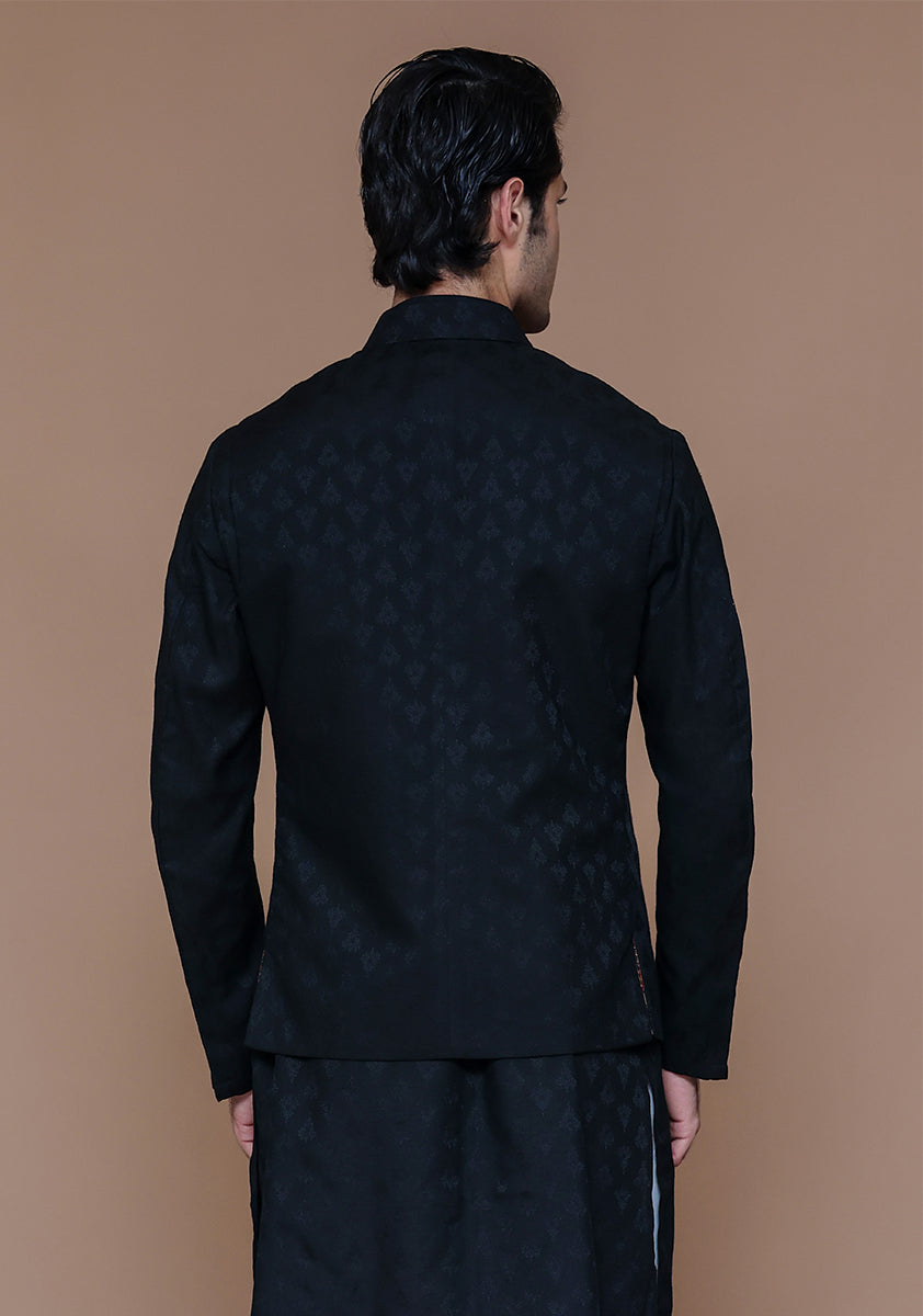 Black Woven Jamawar Waistcoat (3-Piece) - Image 4