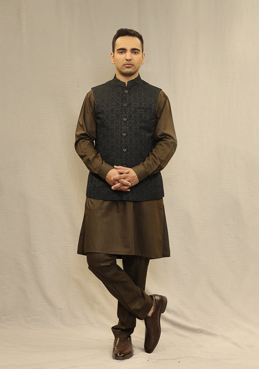 Black Woven Jamawar Waistcoat Kurta Set (3-Piece) - Image 1
