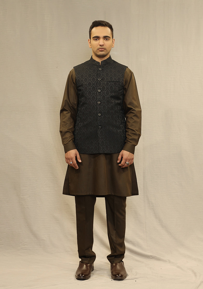 Black Woven Jamawar Waistcoat Kurta Set (3-Piece) - Image 2