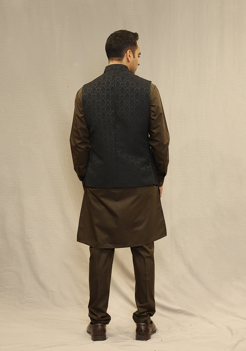 Black Woven Jamawar Waistcoat Kurta Set (3-Piece) - Image 4