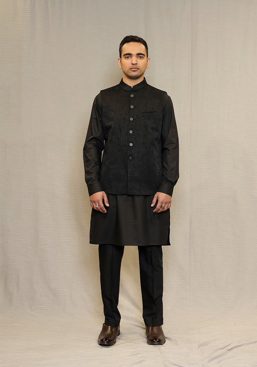 Black Woven Jamawar Waistcoat Kurta Set (3-Piece) - Image 1