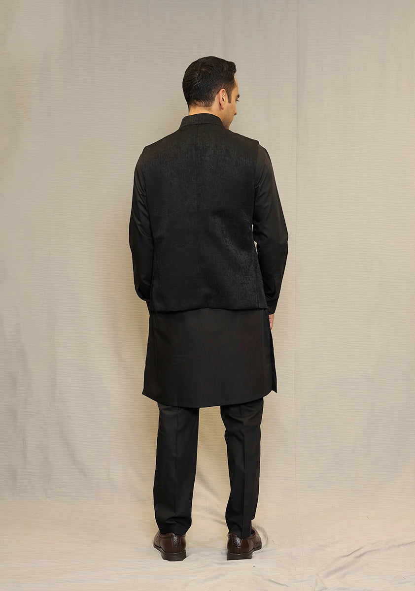 Black Woven Jamawar Waistcoat Kurta Set (3-Piece) - Image 2