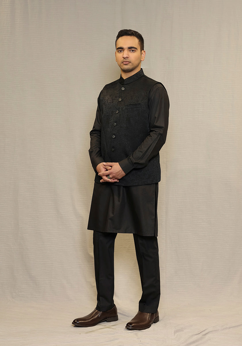 Black Woven Jamawar Waistcoat Kurta Set (3-Piece) - Image 3