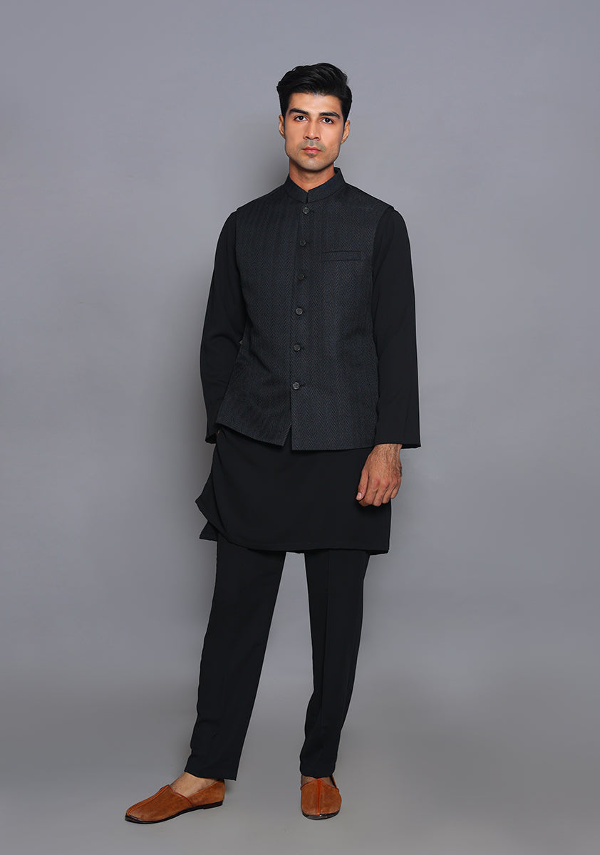 Tap Shoe Black Jamawar Waistcoat Kurta (3-Piece) - Image 2