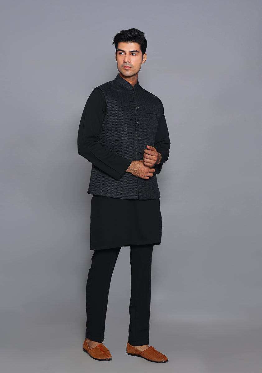 Tap Shoe Black Jamawar Waistcoat Kurta (3-Piece) - Image 4