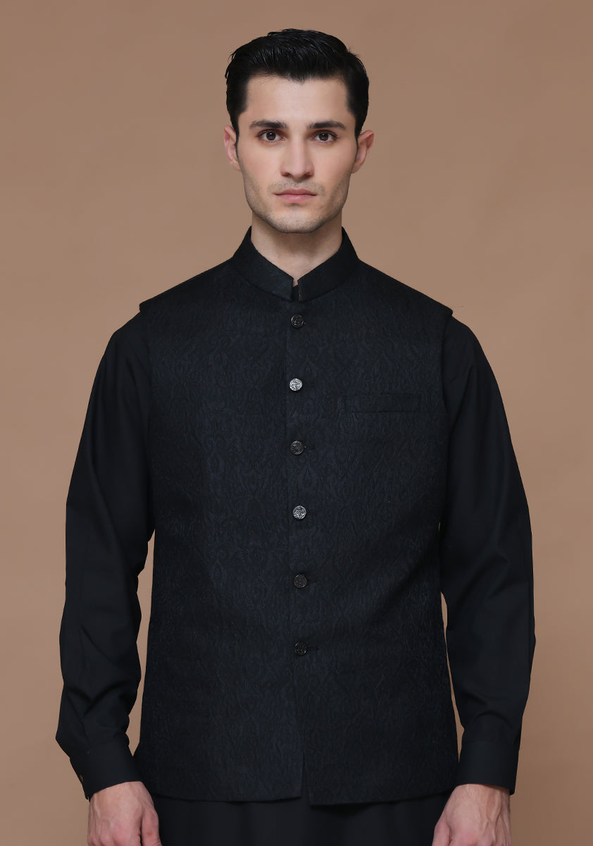 Black Jacquard Karandi Jamawar Waistcoat (1-Pc) - Image 1