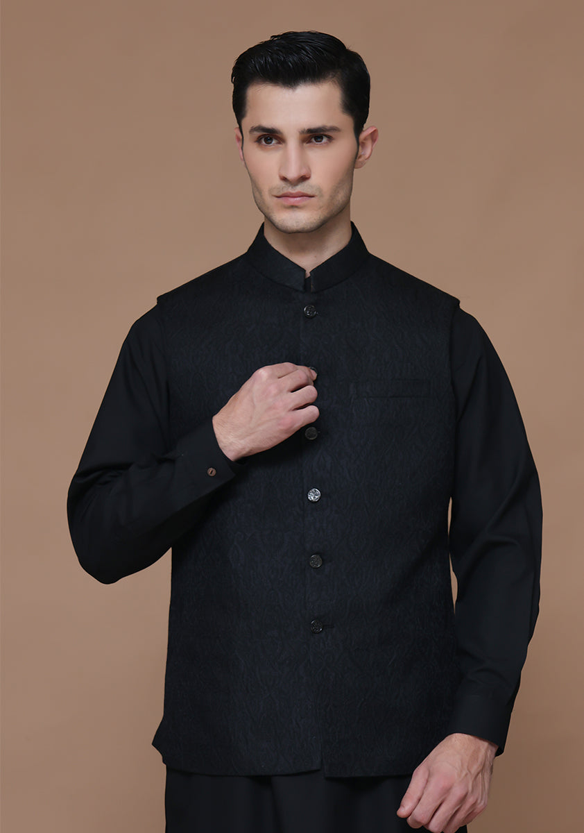 Black Jacquard Karandi Jamawar Waistcoat (1-Pc) - Image 4