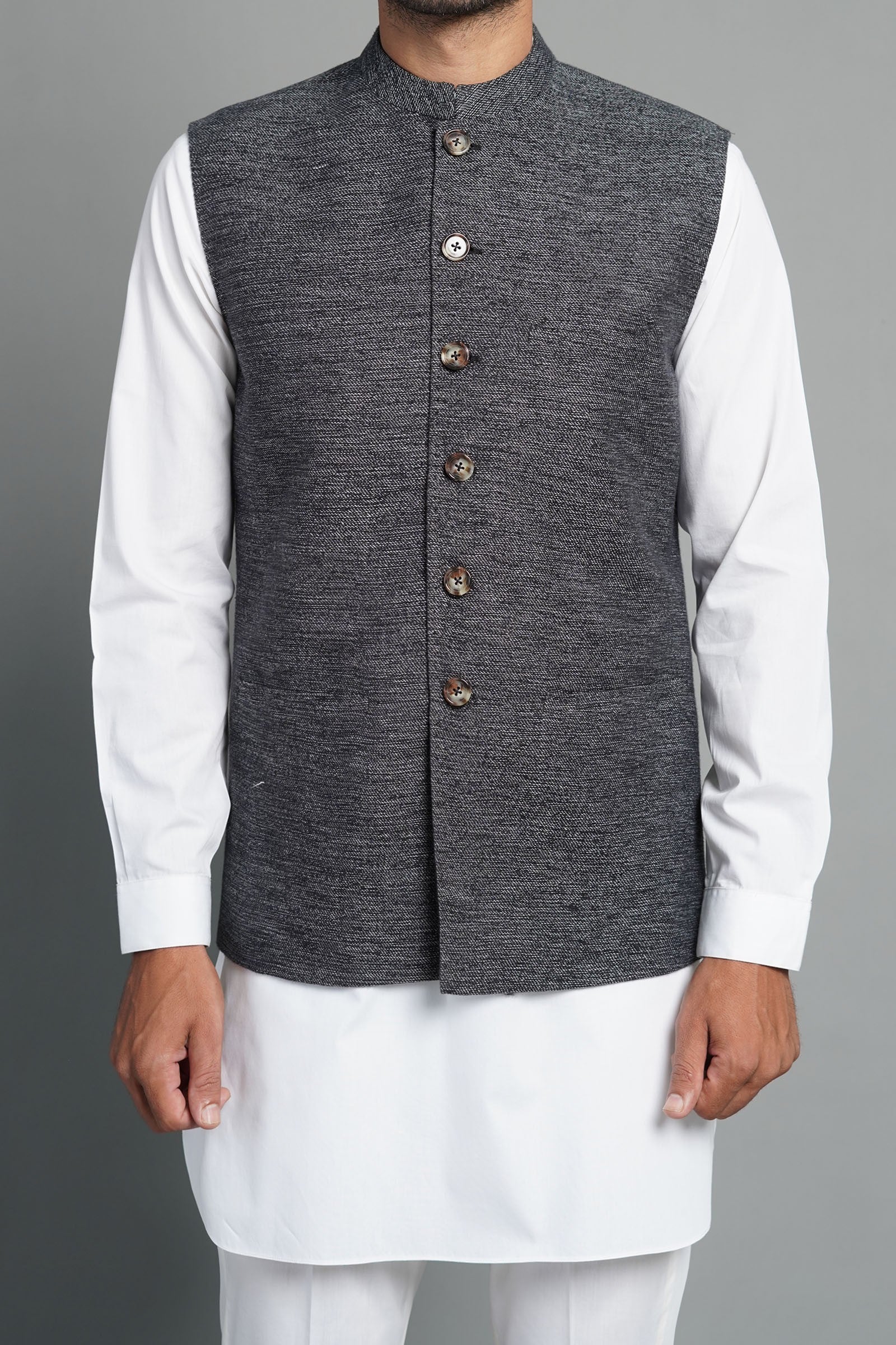 Black Grey Khaddar Waistcoat Kurta Set (3-Piece) - Image 1
