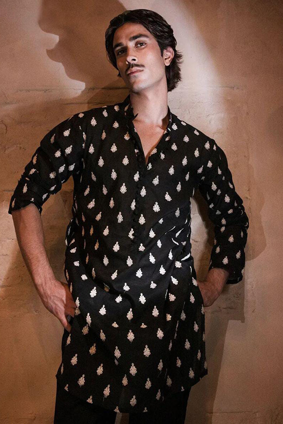 Black Boti Work Khaddi Cotton Waistcoat Kurta (3-Piece) - Image 1