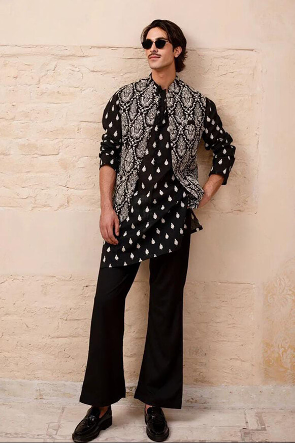 Black Boti Work Khaddi Cotton Waistcoat Kurta (3-Piece) - Image 2