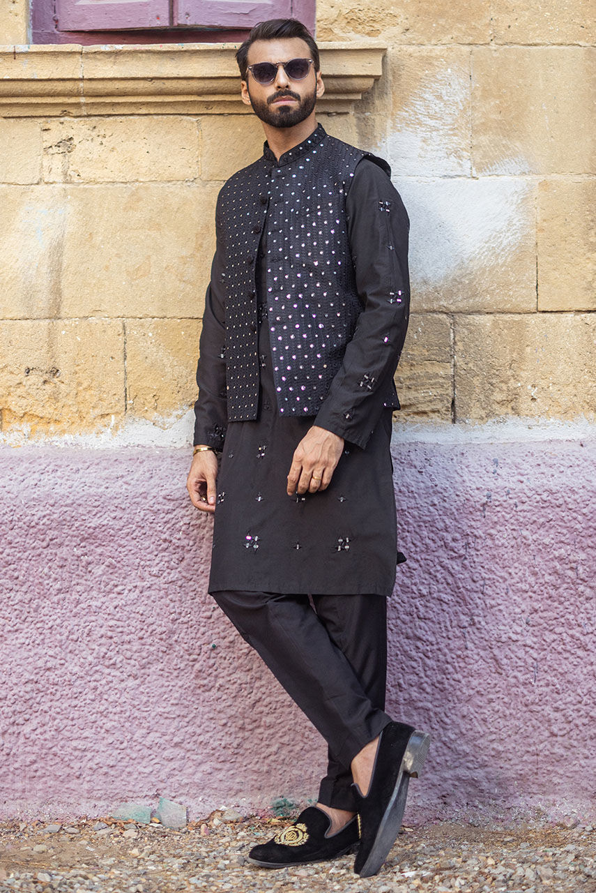 Black Mirror-Embroidered Khaddi Silk Waistcoat Kurta (3-Piece) - Image 1