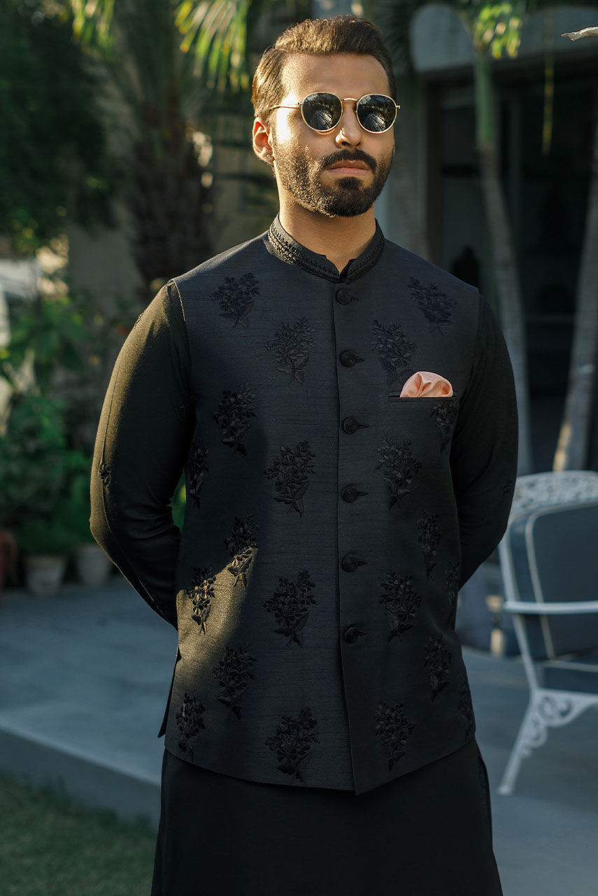 Black Embroidered Khadi Silk Waistcoat Kurta (3-Piece) - Image 2