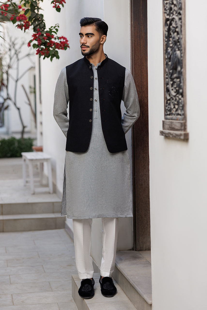 Black Threadwork Linen Waistcoat (3-Piece) - Image 1