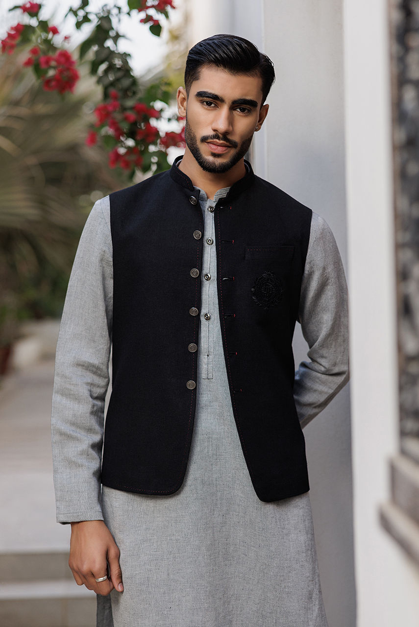 Black Threadwork Linen Waistcoat (3-Piece) - Image 2